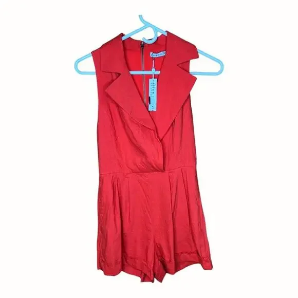 ALICE + OLIVIA Meritt Pleated Linen Romper in Chili Pepper Size 2 - Picture 2 of 9